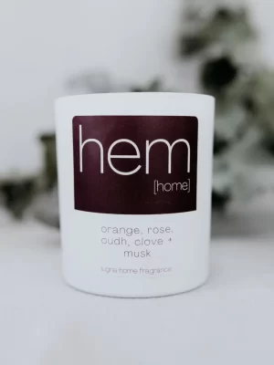 hem / white glass candle